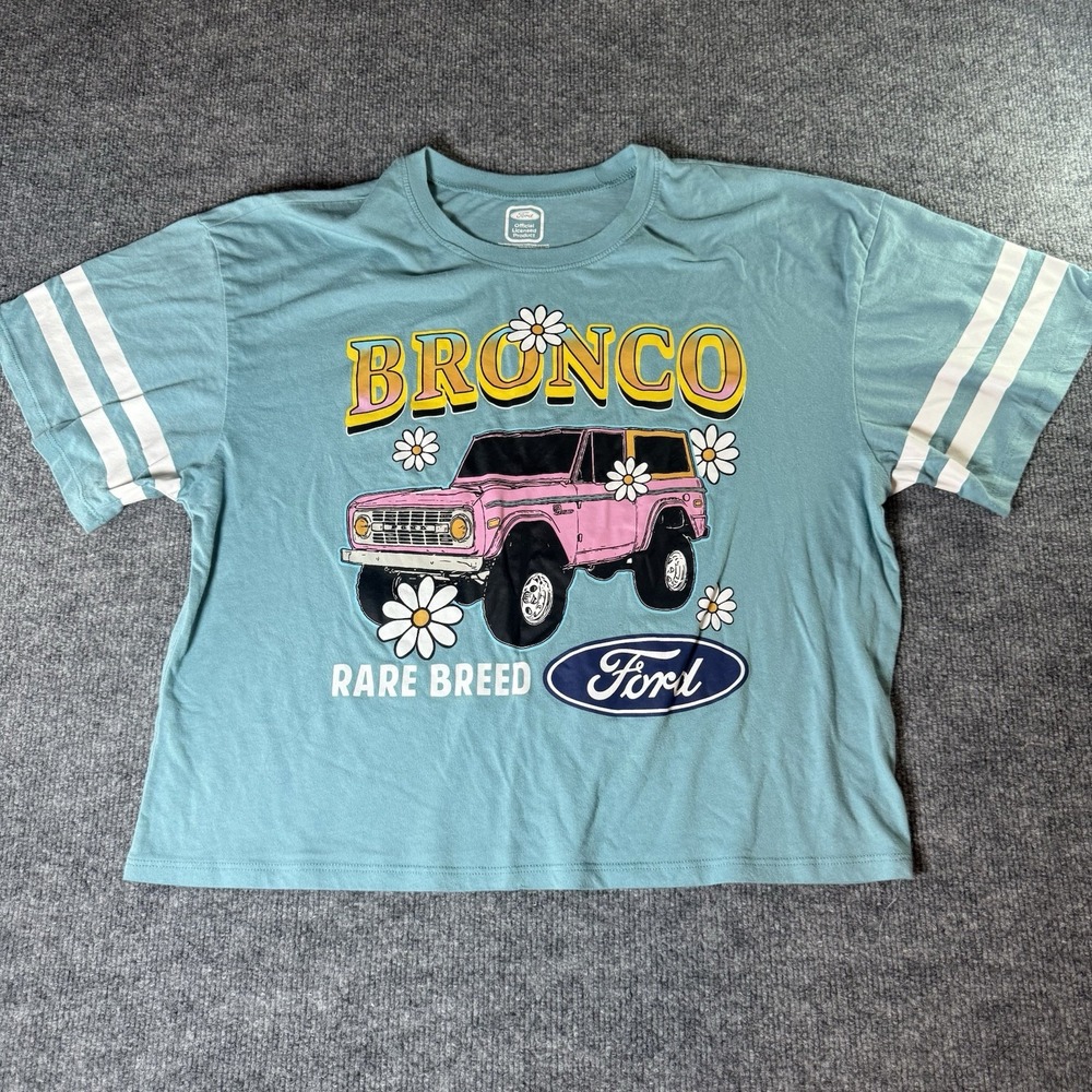 Women's Bronco‎ Hippy Striped Sleeve Teal Cropped T-shirt Large 12-14 Rare Breed